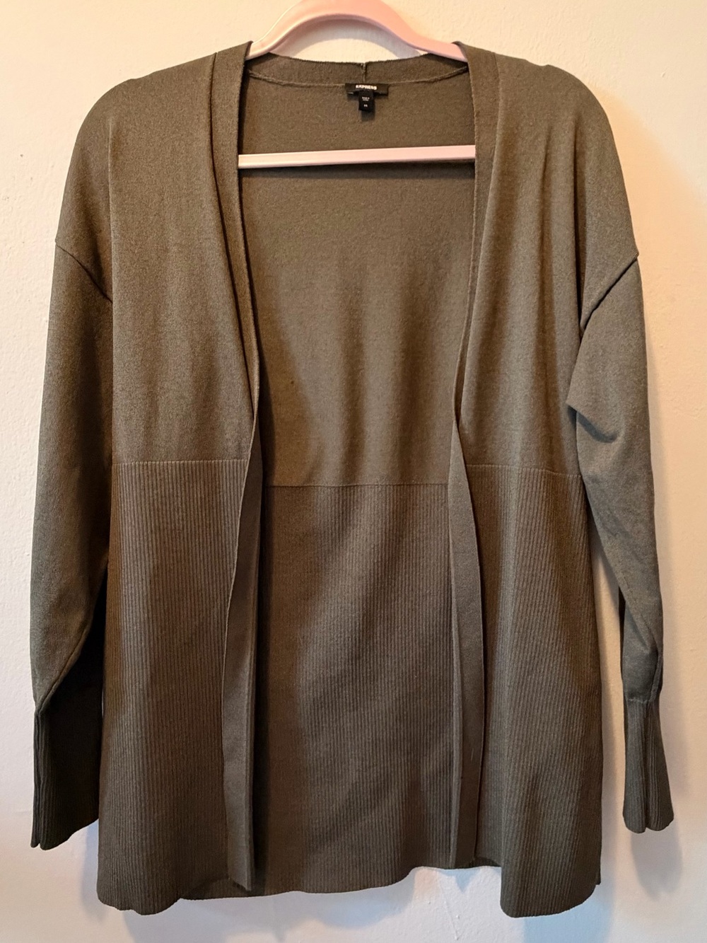 Express Olive Open-Front Ribbed Knit Cardigan
